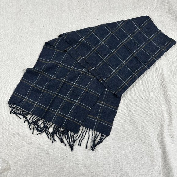 London Fog Cashmink Fashion Scarf Blue Gold Plaid Pattern Made in Germany - Picture 3 of 8